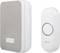 Trådlös dörrklocka med oval ringknapp och rektangulär högtalare. Båda enheterna är vita, med grå accent.