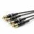 Fyra svart-gyllene RCA-kablar med märkningar och guldpläterade kontakter, på vit bakgrund.