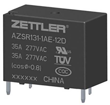 Svart reläenhet med påskriften ZETTLER, modell AZSR131-1AE-12D, 35A, 277VAC, TÜV-certifierad, tillverkad i Kina.
