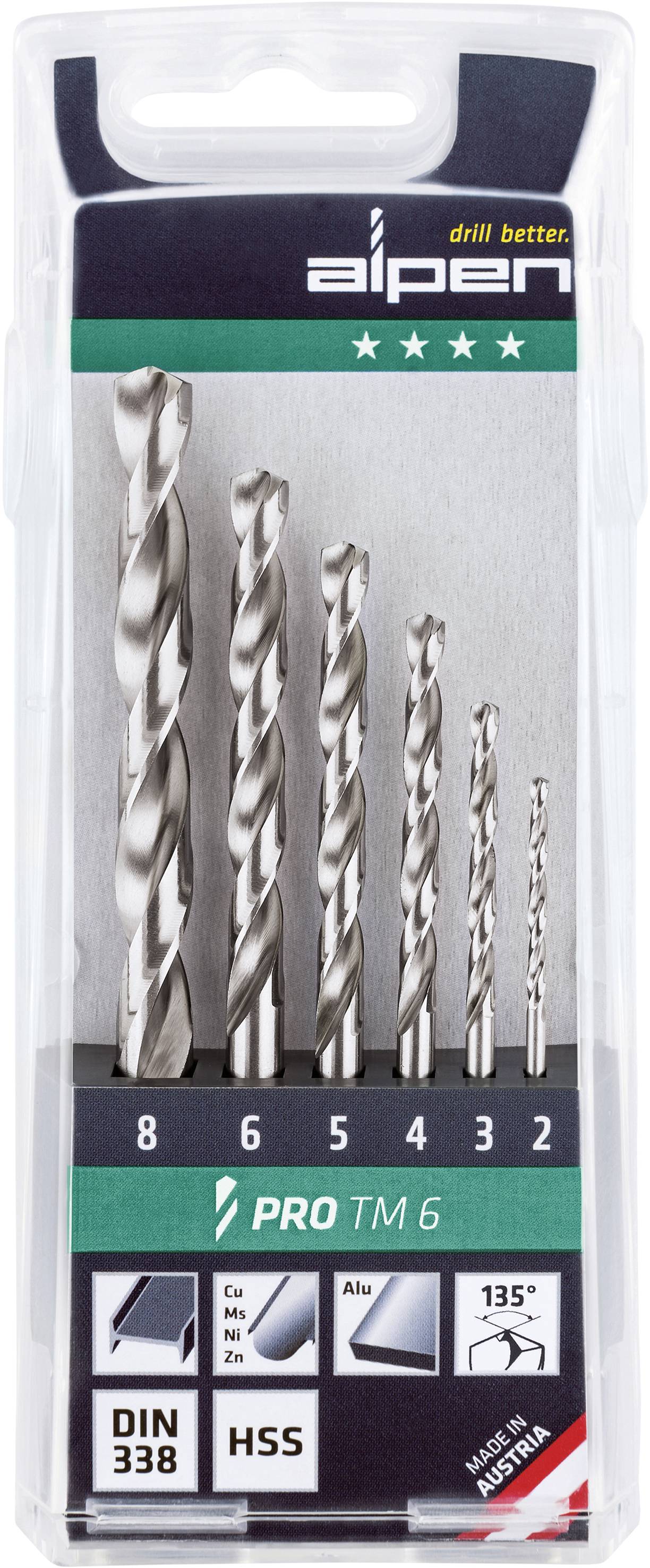 Alpen 0000111806100 Pro TM HSS Metall-spiralborrset 6 delar 2 mm, 3 mm, 4 mm, 5 mm, 6 mm, 8 mm legerad Cylinderskaft 1 st