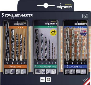 Alpen 0000811003100 Combiset Master 16 delar Universalborr sortiment Metall, Sten, Betong, Trä, Murverk 2 mm, 3 mm, 4 mm, 5 mm, 6 mm, 7 mm, 8 mm, 10 mm