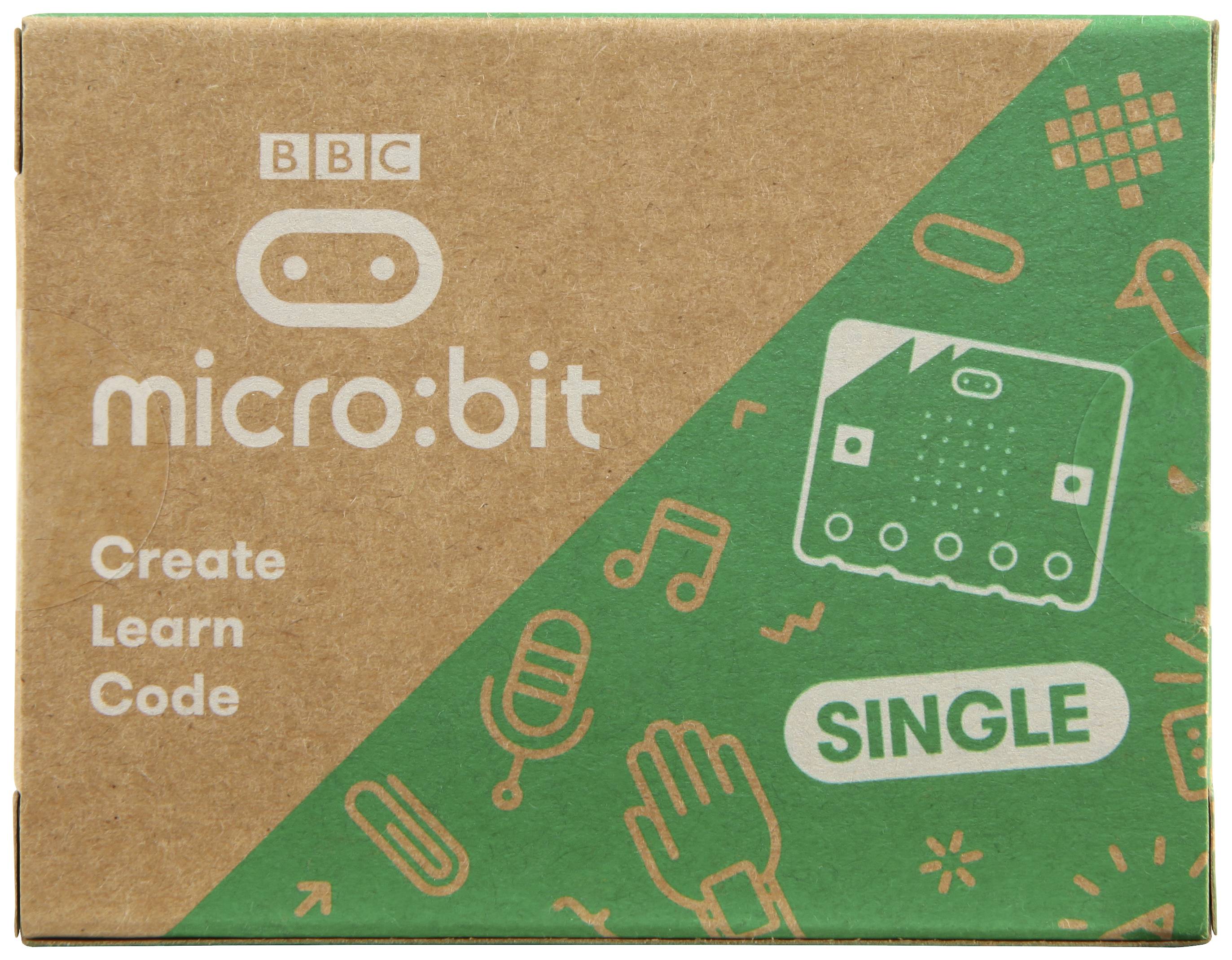 Förpackning för en BBC micro:bit. Kartongen visar logotypen, texten 'Skapa Lär Koda' och grafiska symboler som knappar och mikrofon.