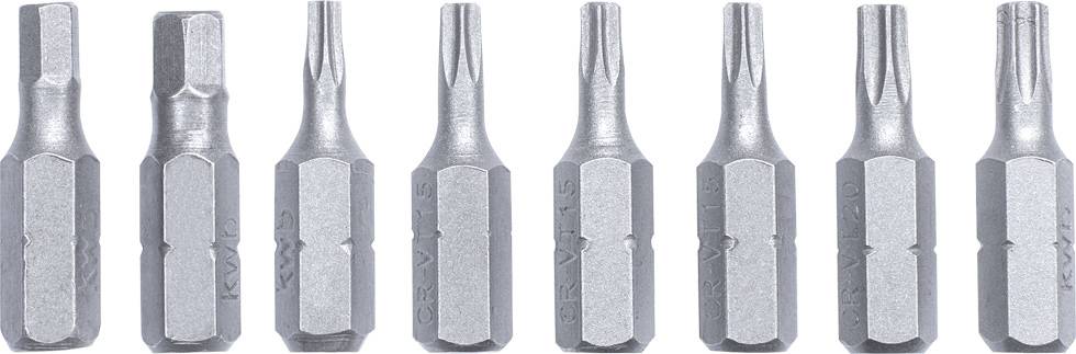 Åtta skruvmejselinsatser i olika former och storlekar, radade bredvid varandra.