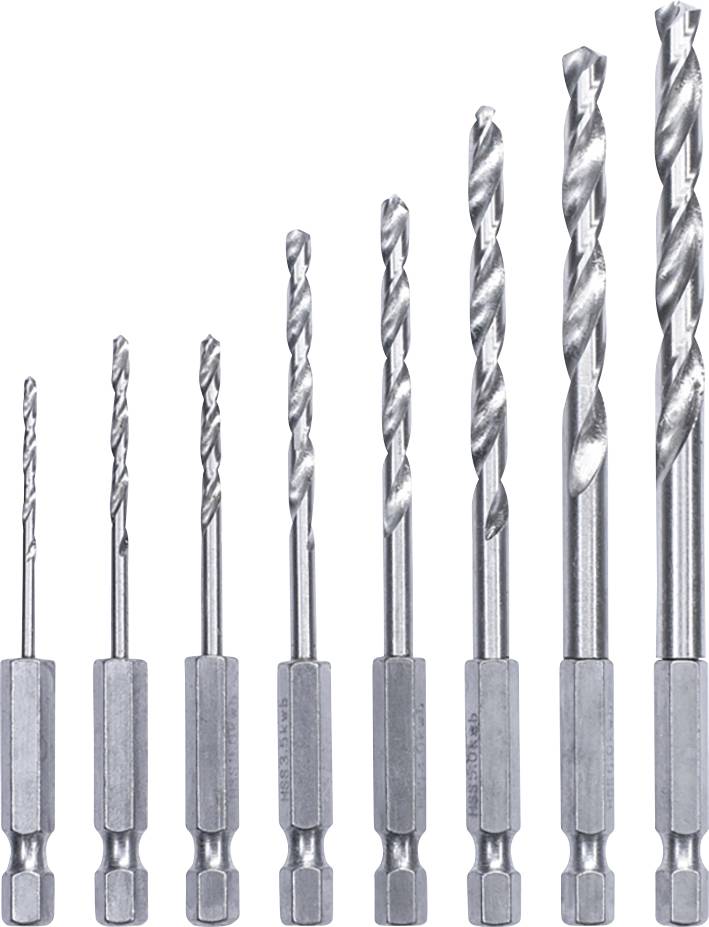 Set av åtta metallborrar i stigande storlek, arrangerade från vänster till höger.