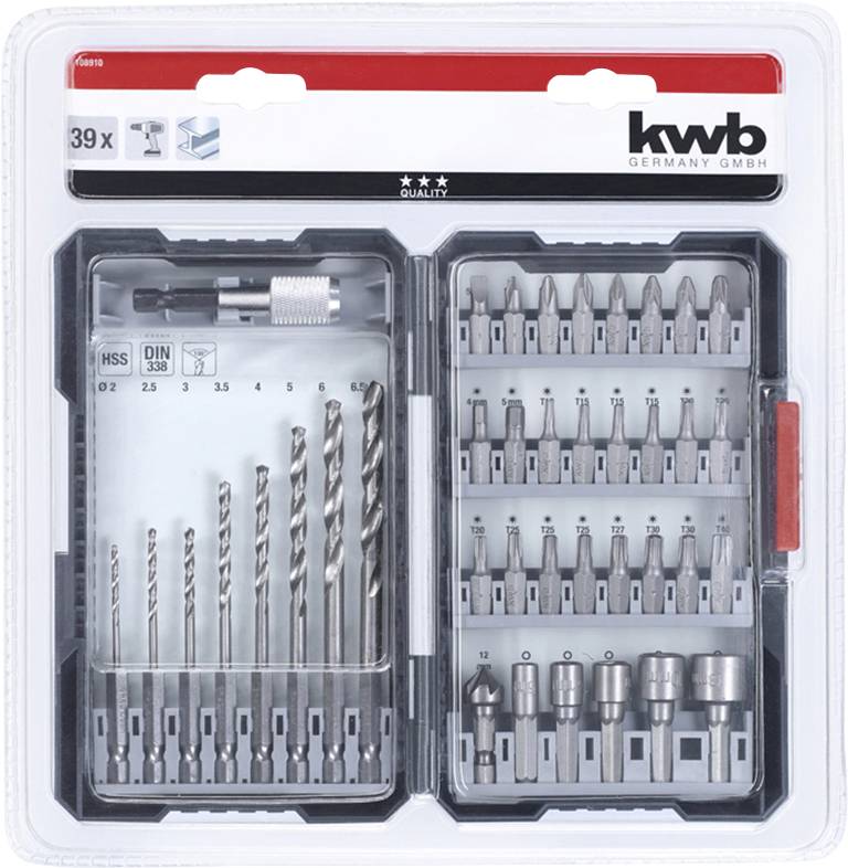 'Bohr- och skruvbitssats i en transparent plastförpackning, märkt med kwb Germany GmbH, 39 delar.'