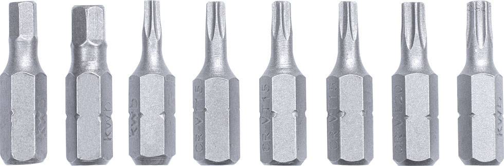 Åtta bitar med olika skruvhuvudformer, placerade i en rak linje på vit bakgrund.