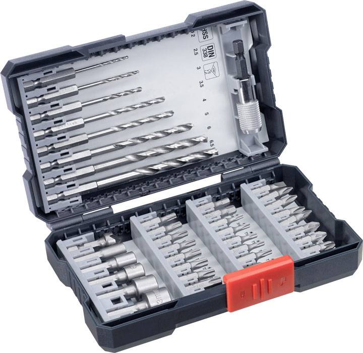 En öppnad verktygslåda med olika borrar och skruvbits i varierande storlekar, placerade i ordnade fack.