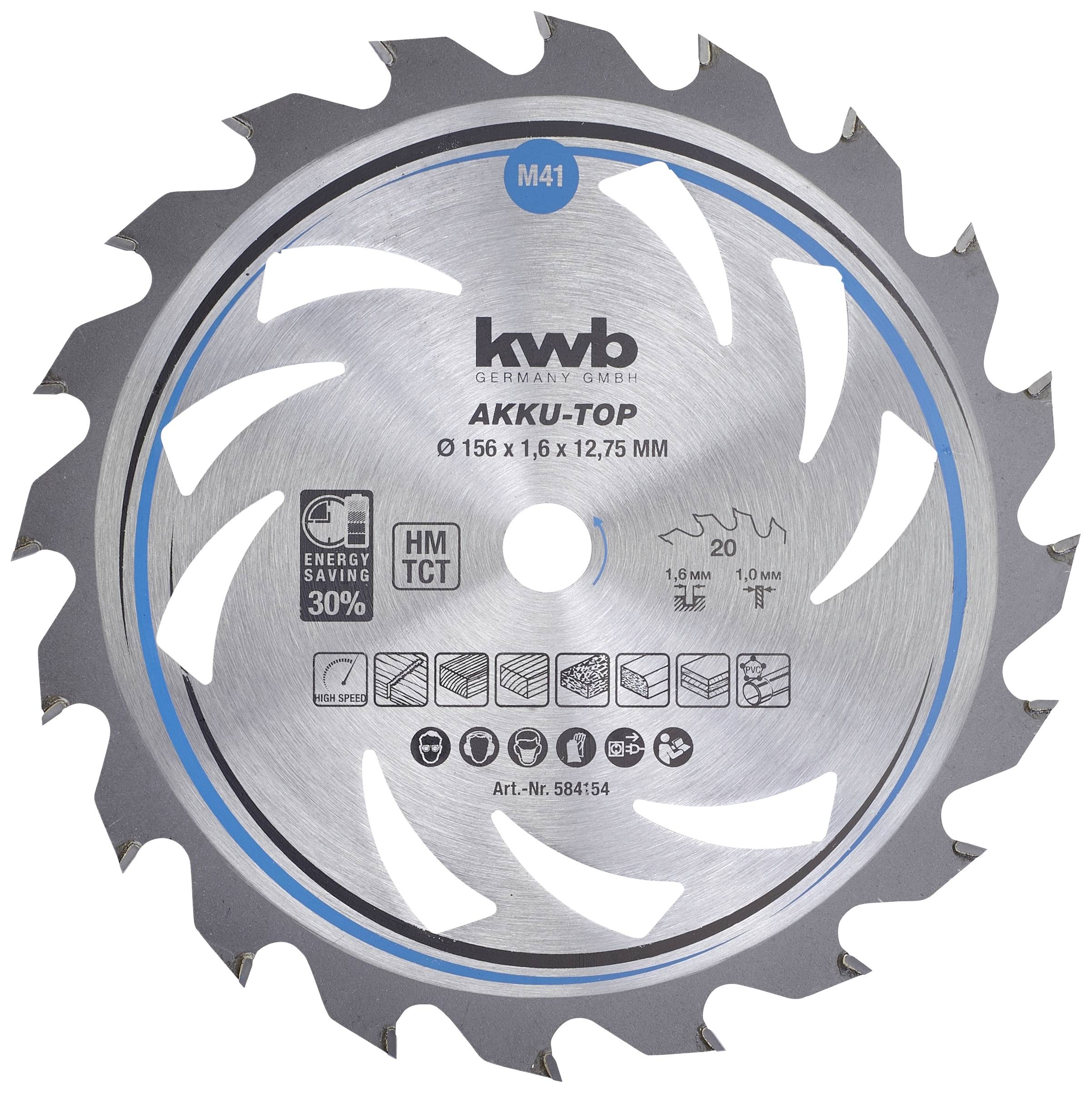 Cirkelsågklinga med påskriften 'kwb', diameter 156 mm. Lämplig för trä. Obs: 30 % energieffektivare.