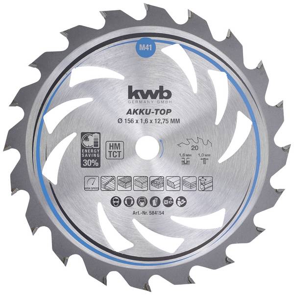 kwb  584154 Hårdmetall cirkelsågklinga 156 x 12.75 x 1.0 mm Antal tänder (per tum): 20 1 st