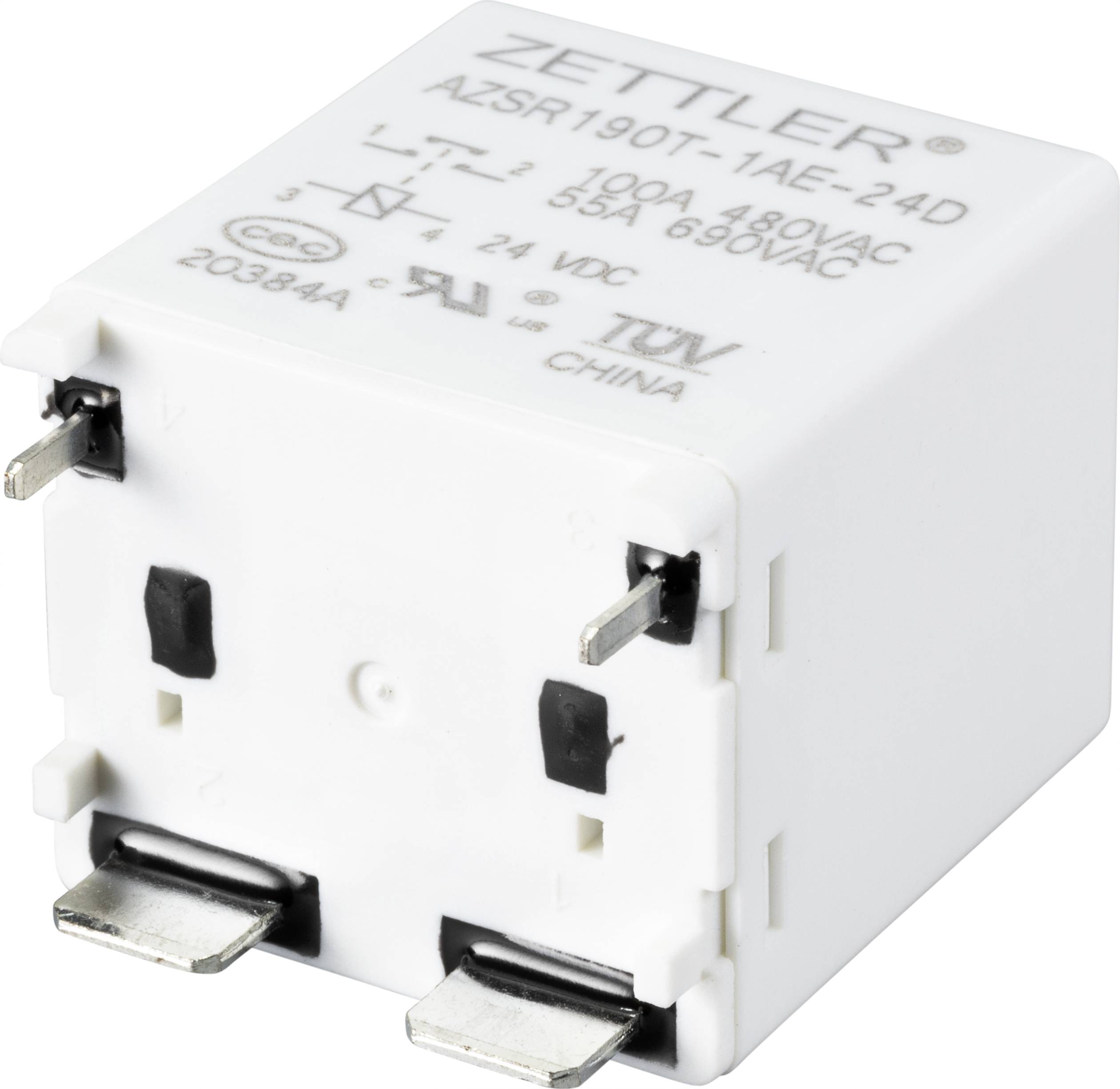 En vit elektrisk reläenhet med påskriften 'ZETTLER' och tekniska specifikationer. Den har metallkontakter på undersidan.