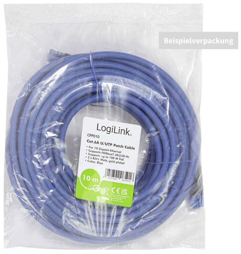 Ett blått Cat.6A U/UTP patchkabel, 10 m, i förpackning från LogiLink. Stöder 10 Gigabit Ethernet.