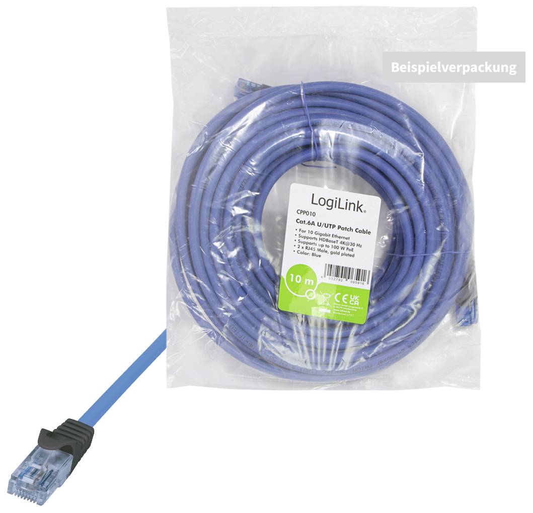 Blå Ethernet-kabel, Cat.6 U/UTP, 10 meter. Förpackningen visar kabeln och kontakten. Märke 'LogiLink'.