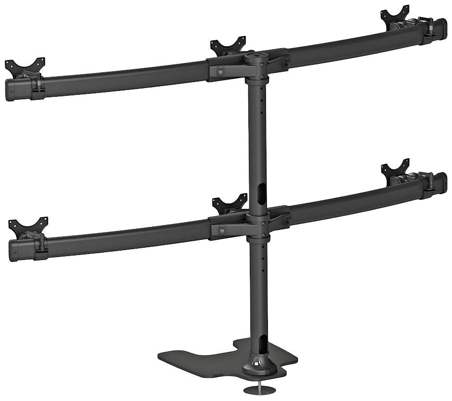 Dubbel monitorfäste i svart metall med stabil bas och justerbara armar. Designad för att fästa två skärmar.