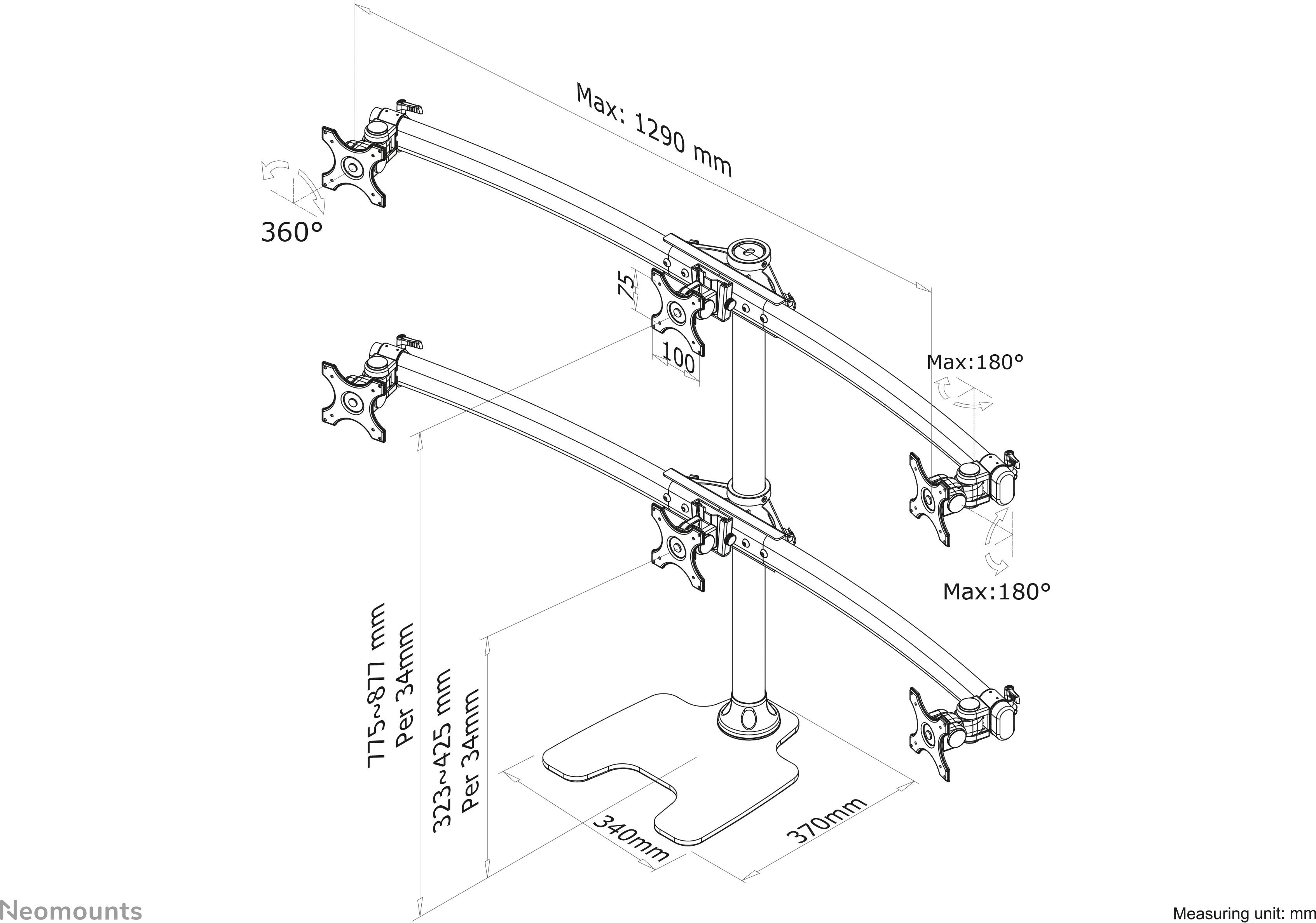 Teknisk ritning av en monitorställning med fyra svängbara armar. Maximal bredd: 1290 mm. Kompatibla VESA-storlekar: 75x75, 100x100 mm.