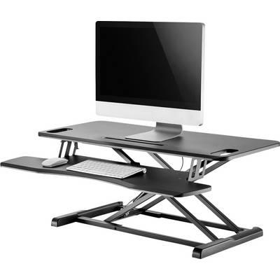 Dator på ett höj- och sänkbart skrivbord med utdragbar tangentbordshylla. Perfekt för ergonomiskt arbete i stående position.