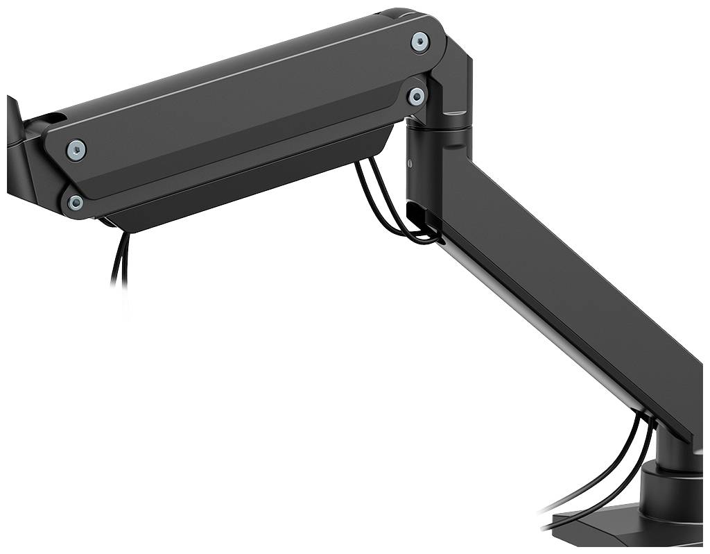 En svart, justerbar monitorarm med kabelhanterings-system, fäst vid ett skrivbord.