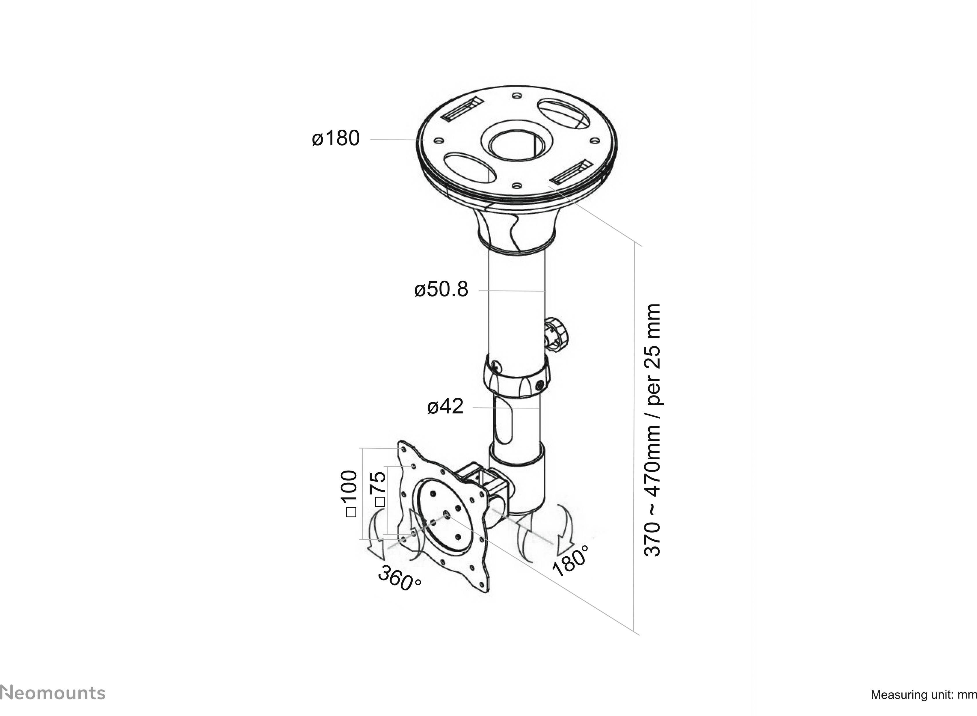 Diagram över en justerbar hållare med mått: Diameter 180 mm överst, rördiameter 50,8 mm, höjdjusterbar från 370 till 470 mm. Rotation 180° och 360°.