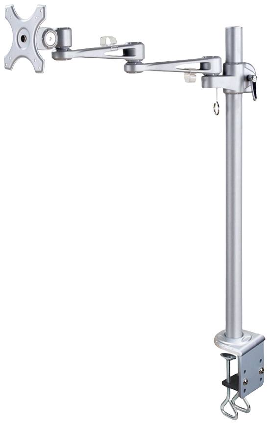 En silver monitorarm med justerbara leder och klämfäste för montering på ett bord. Lämplig för flexibel montering av bildskärm.