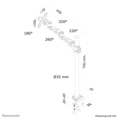 Teckning av en monitorarm med angivelser om rotation (180°, 260°, 320°), höjde (700 mm), rörets diameter (35 mm) och andra mått i mm.