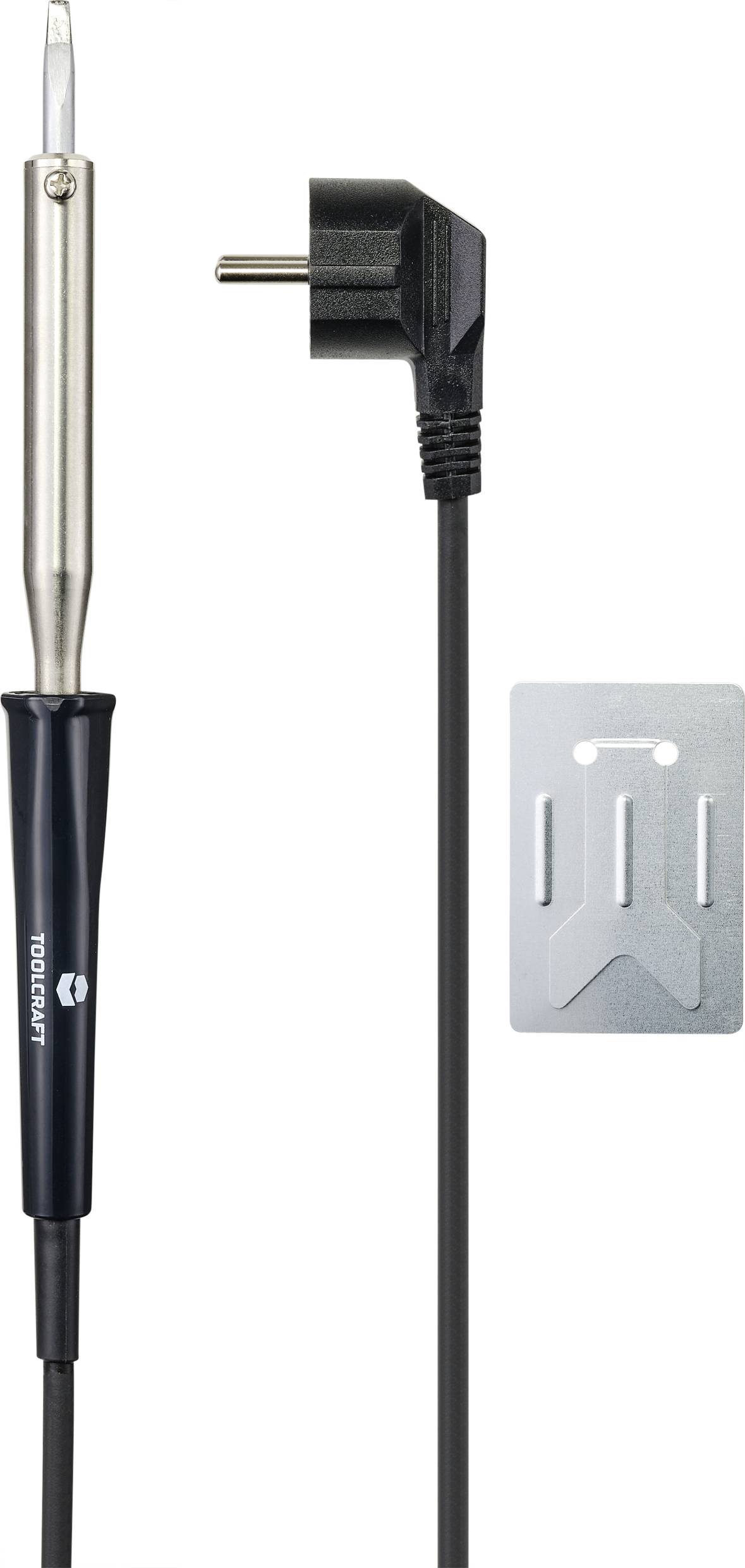 Lödkolv med svart handtag och kabel, bredvid ett metallstativ.