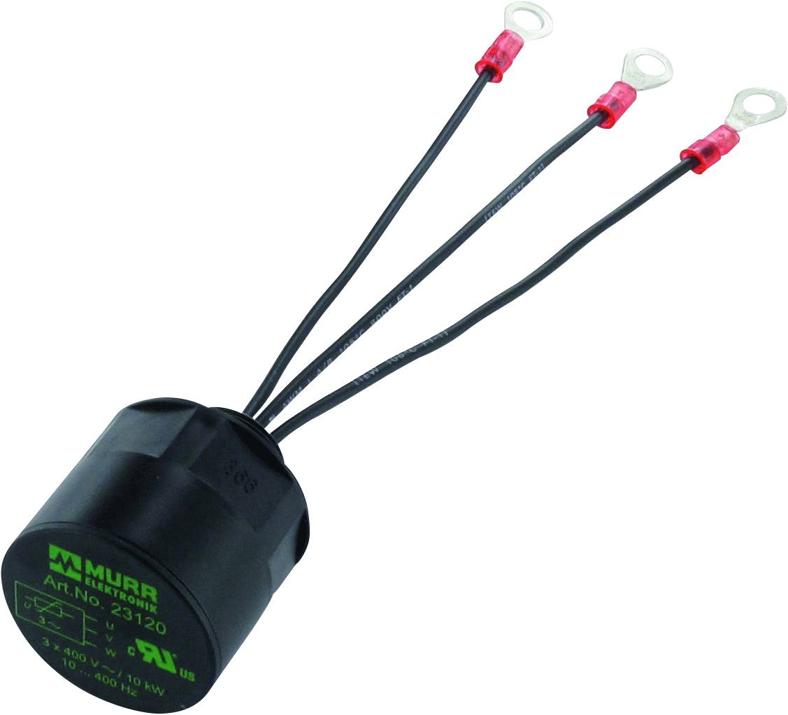 Svart elektronisk kondensator med tre kablar, vars ändar har röda ringklämmor. Markeringar och logotyp på ytan.