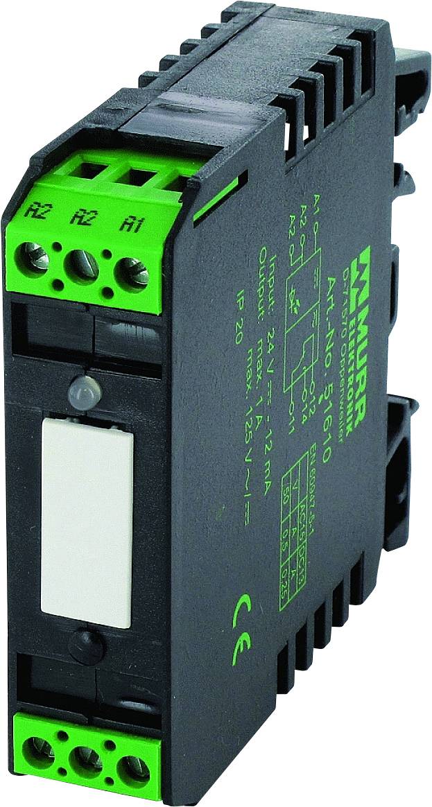 Ett grönt och svart elektroniskt relämodul med märkningar för anslutningar och tekniska specifikationer.