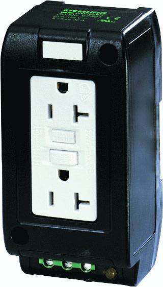 Elektrisk vägguttag med två platser; svart ram och grön anslutning nedtill. Lämplig för väggmontering.