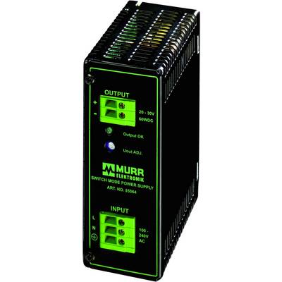 En switchad nätaggregat från Murr Elektronik med anslutningar för ingång (100-240V AC) och utgång (24V DC). Modellnummer: 85044.