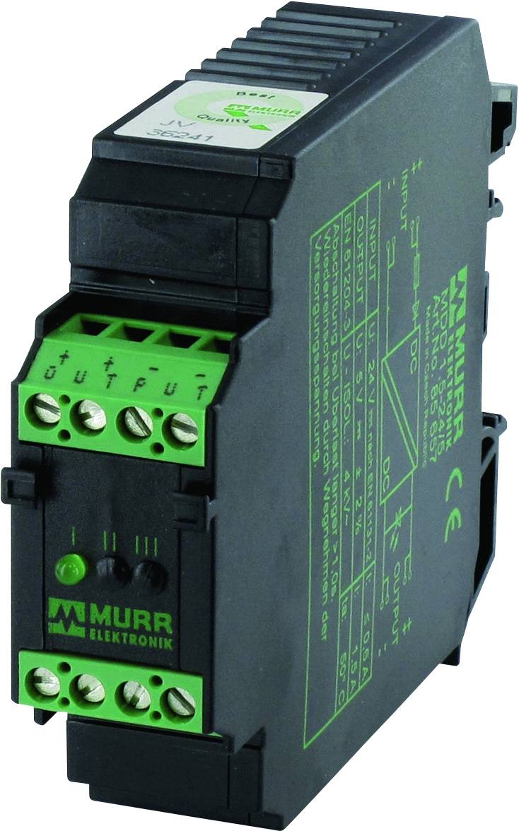 En svart elektronisk modul med gröna accenter, Murrelektronik-logotyp, anslutningar och tekniska specifikationer tryckt på ytan.