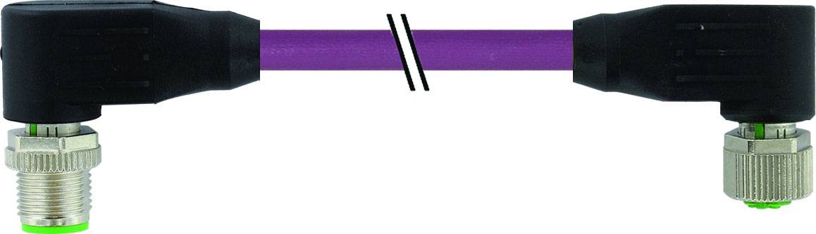 Ett violett, vinklat Ethernet-kabel med svarta kontakter i båda ändar, var och en försedd med metallgänga och grön markering.
