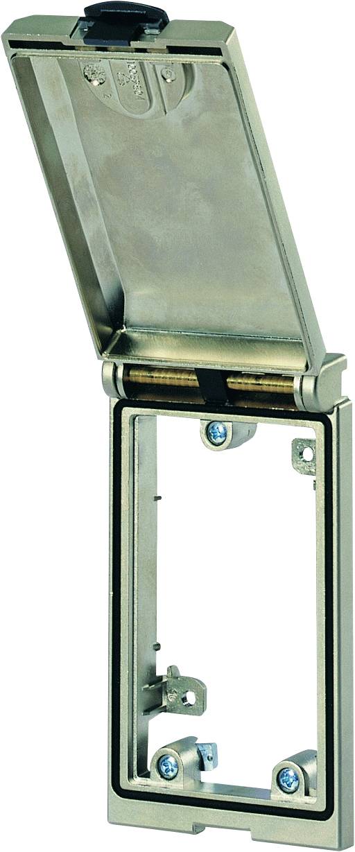 Metallram med öppet lock, lämplig för montering av elektriska komponenter eller omkopplare, tre synliga skruvar.