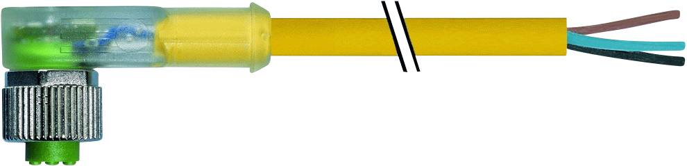 En närbild av en plastisk kabel med genomskinliga kontakter och tre framträdande trådar i olika färger.