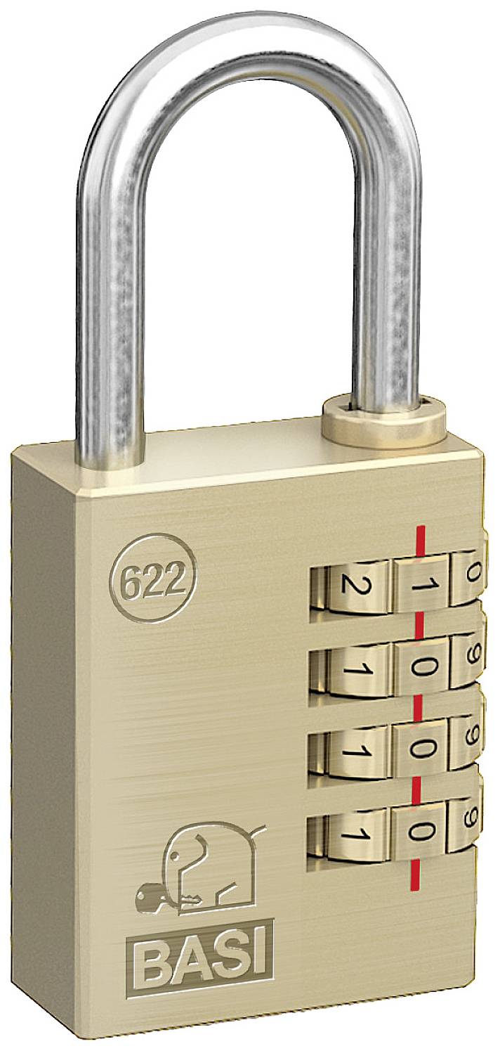 Hänglås med fyrsiffrig kodlås; koden '2019' är inställd. Enkelt, guldaktigt design med inskriften 'BASI'.