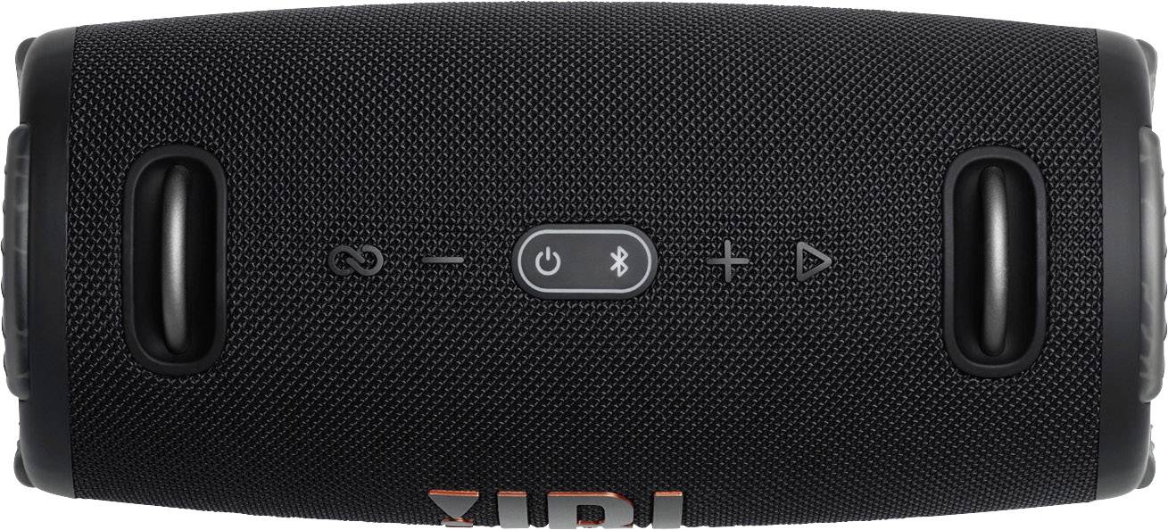Svart bärbar högtalare med knappar för på/av, Bluetooth och volymjustering. Texturerad yta, kompakt design.