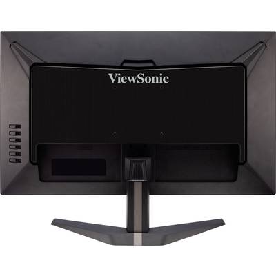 Bakifrån av en ViewSonic-skärm med stativ. Visar anslutningsalternativ och logotyp på höljet.