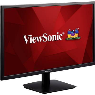 En datorskärm med röd bakgrund visar logotypen 'ViewSonic' och tre färgglada fåglar.