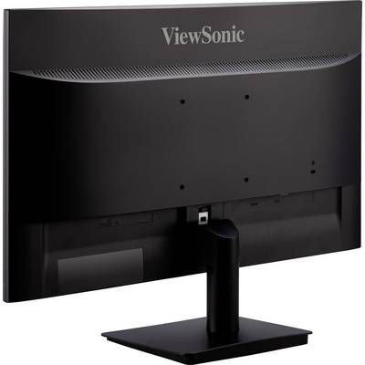 En svart ViewSonic-skärm sedd bakifrån, visar stativet och baksidan. Perfekt för moderna arbetsplatser.
