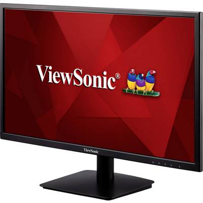 En datorskärm med en röd bakgrund visar varumärket 'ViewSonic' logotyp och tre färgglada fåglar.