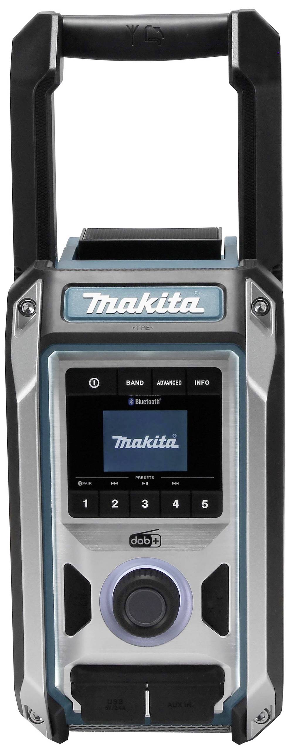 Bärbar radioenhet med robust design, bred handtag och digital display. Huvudfunktion: musiköverföring och underhållning.