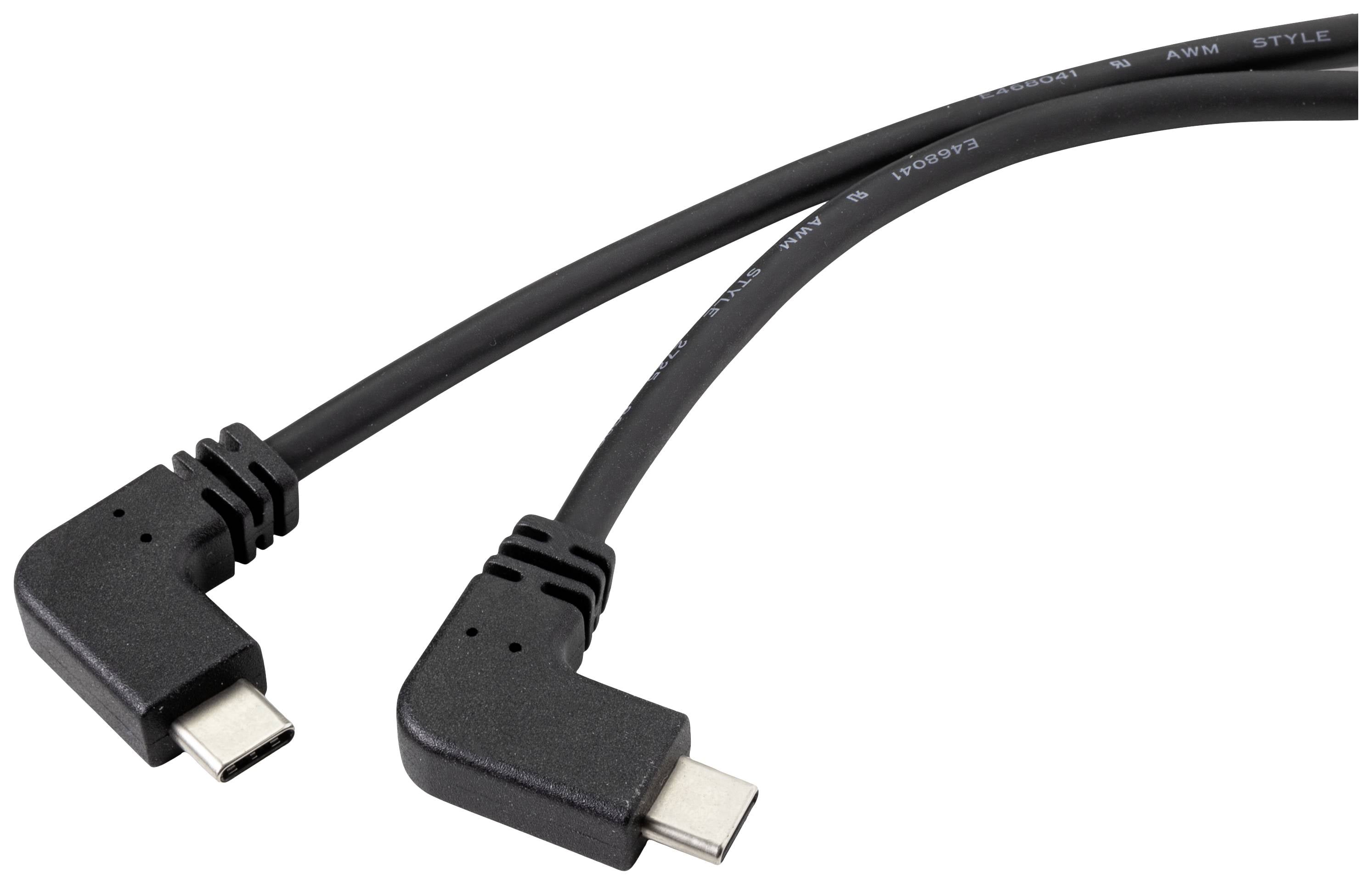 Ett svart USB-C-kabel med två vinklade kontakter ligger på en vit bakgrund.