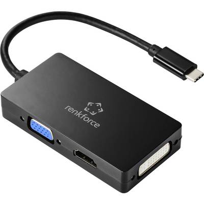 En svart USB-C-adapter med 'renkforce'-logotyp som ansluter USB-C till VGA-, HDMI- och DVI-portar, perfekt för anslutning av flera displaytyper.