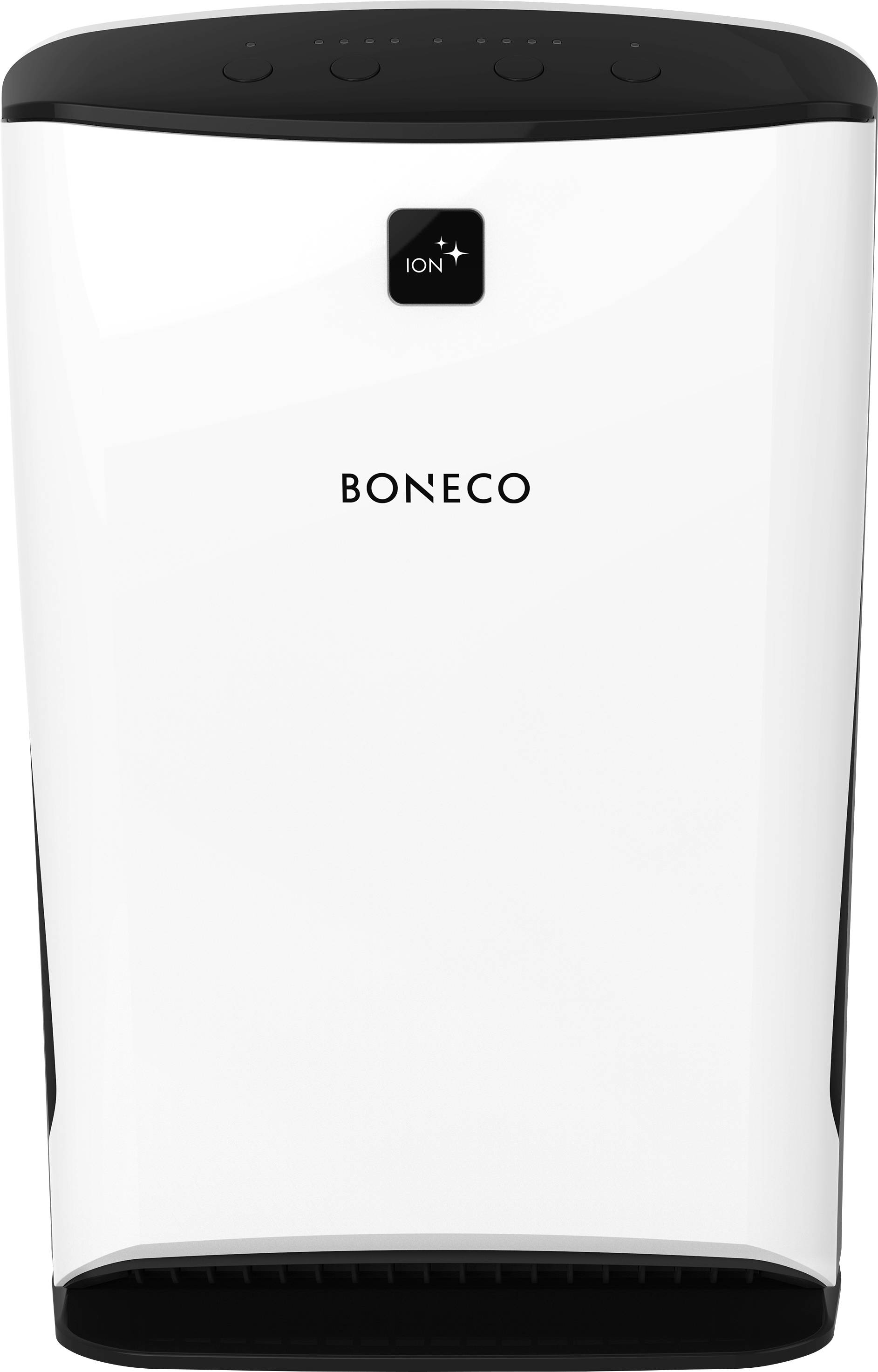 En luftrenare märkt med 'Boneco ION+' i vitt och svart står framför en neutral bakgrund.