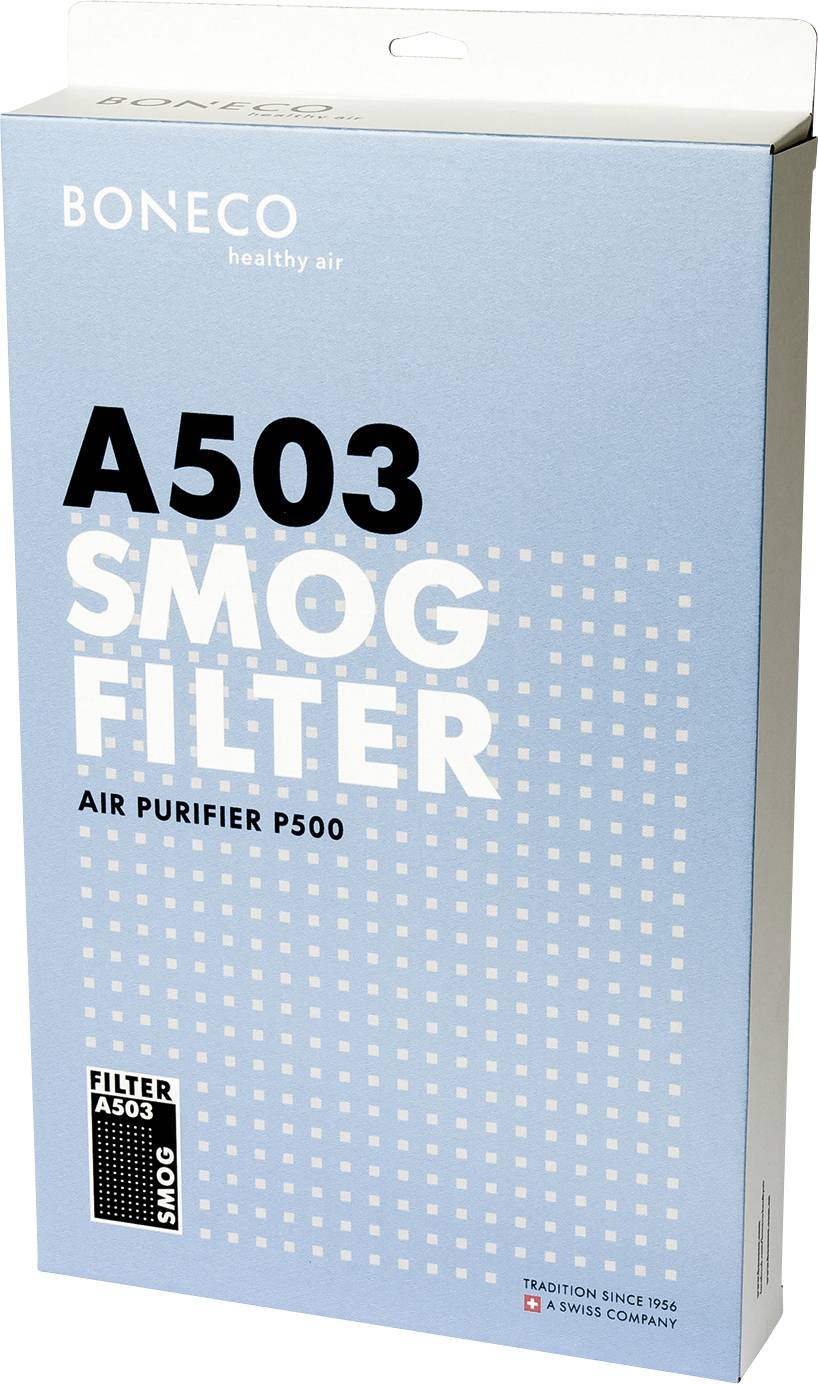 'Boneco A503 Smog Filter' förpackning; Luftrenare P500; blå låda med vita texter och punkter; Filter för ren luft.