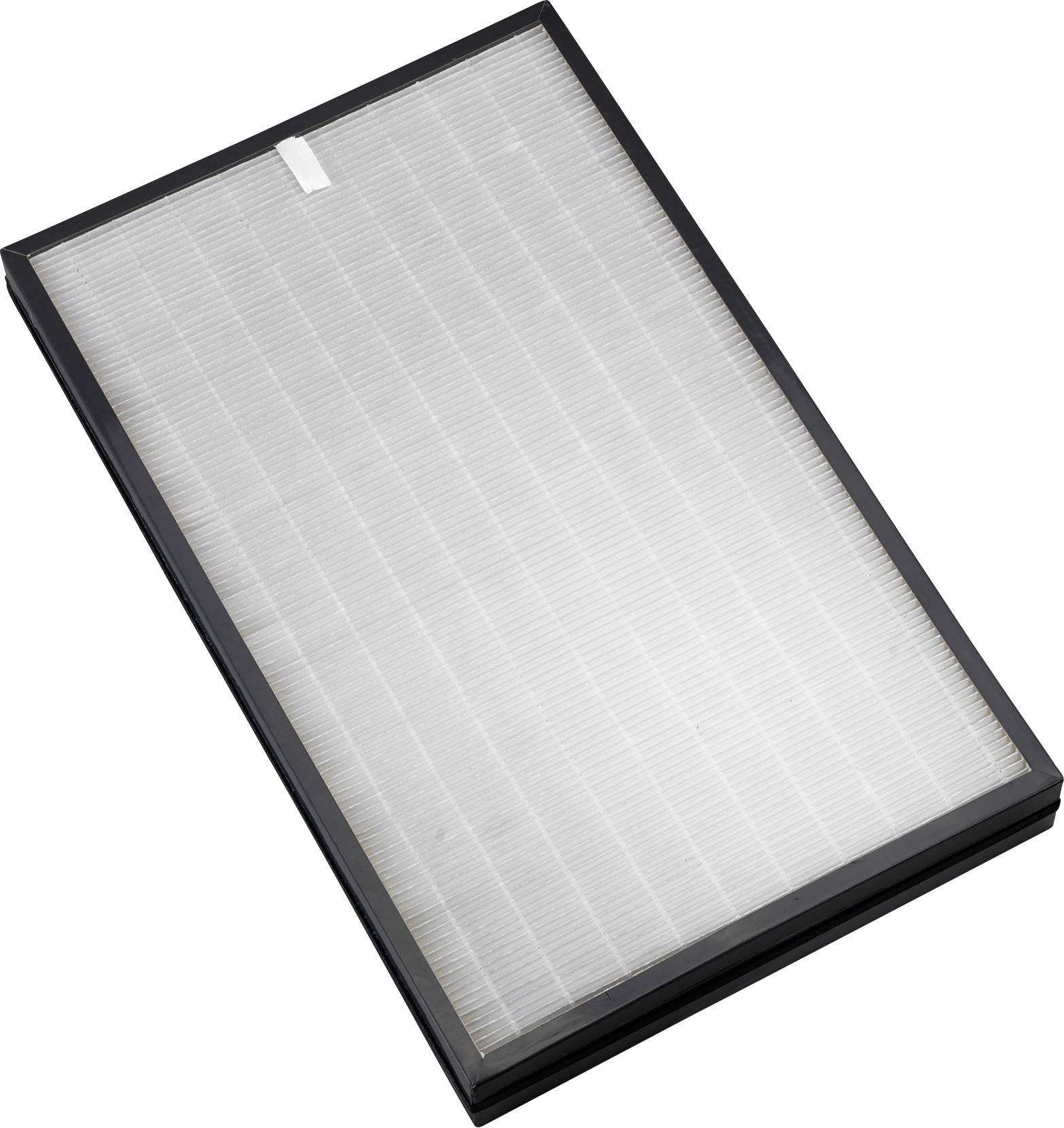 Rektangulär HEPA-filter i svart ram, lämplig för att förbättra luftkvaliteten genom att avlägsna damm och allergener.