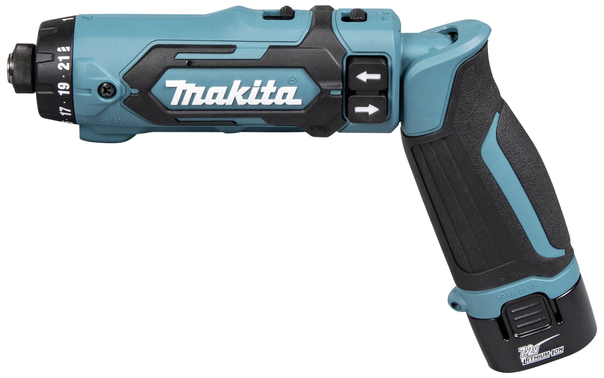 En blå Makita-sladdlös skruvdragare med ergonomiskt handtag och momentinställning. Lämplig för både hemmafixare och professionella användningsområden.