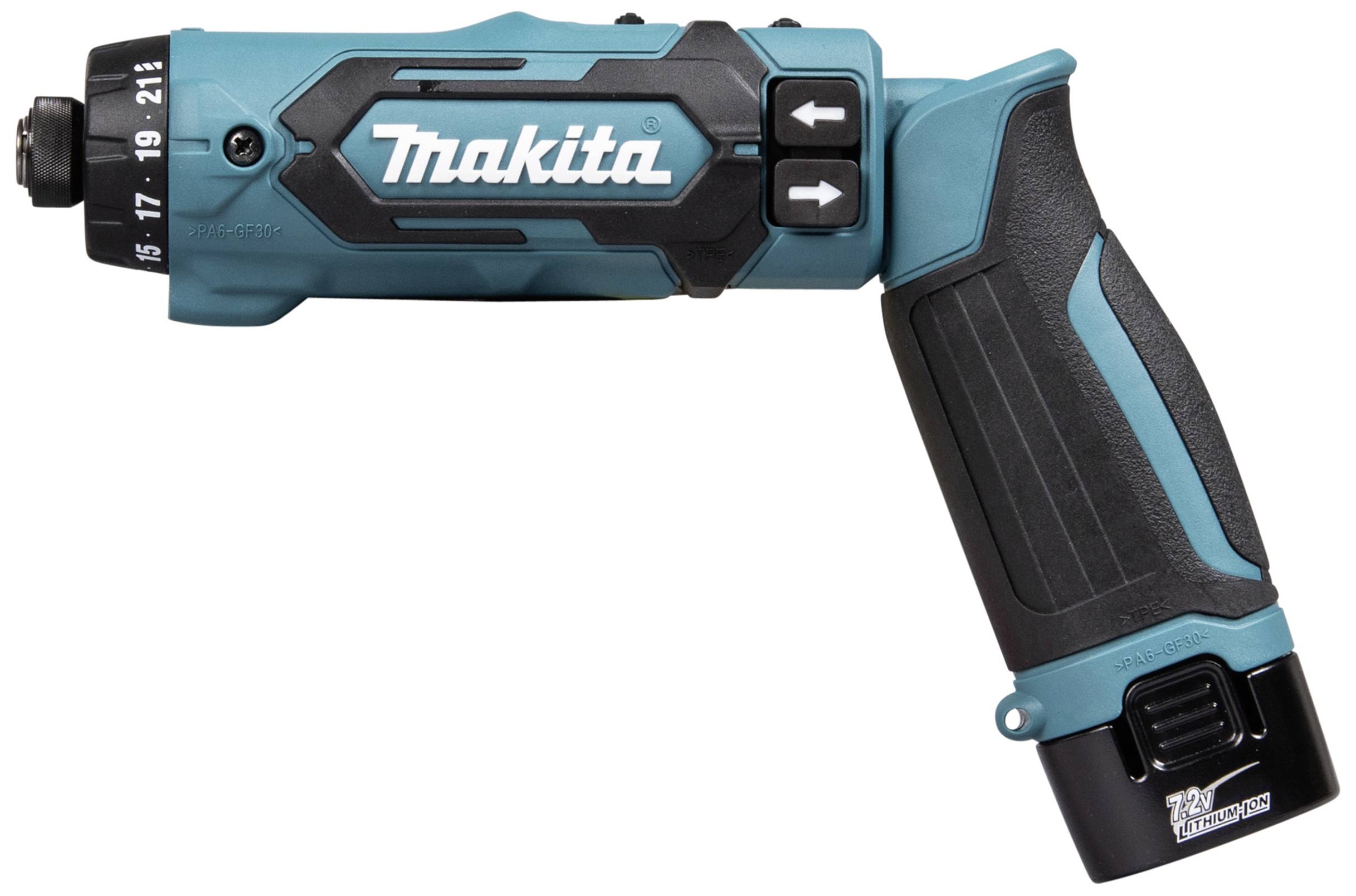 Makita batteridriven slagskruvdragare med vikbart handtag och blå/grå yta, piltangenter för styrning, modellnummer synligt.