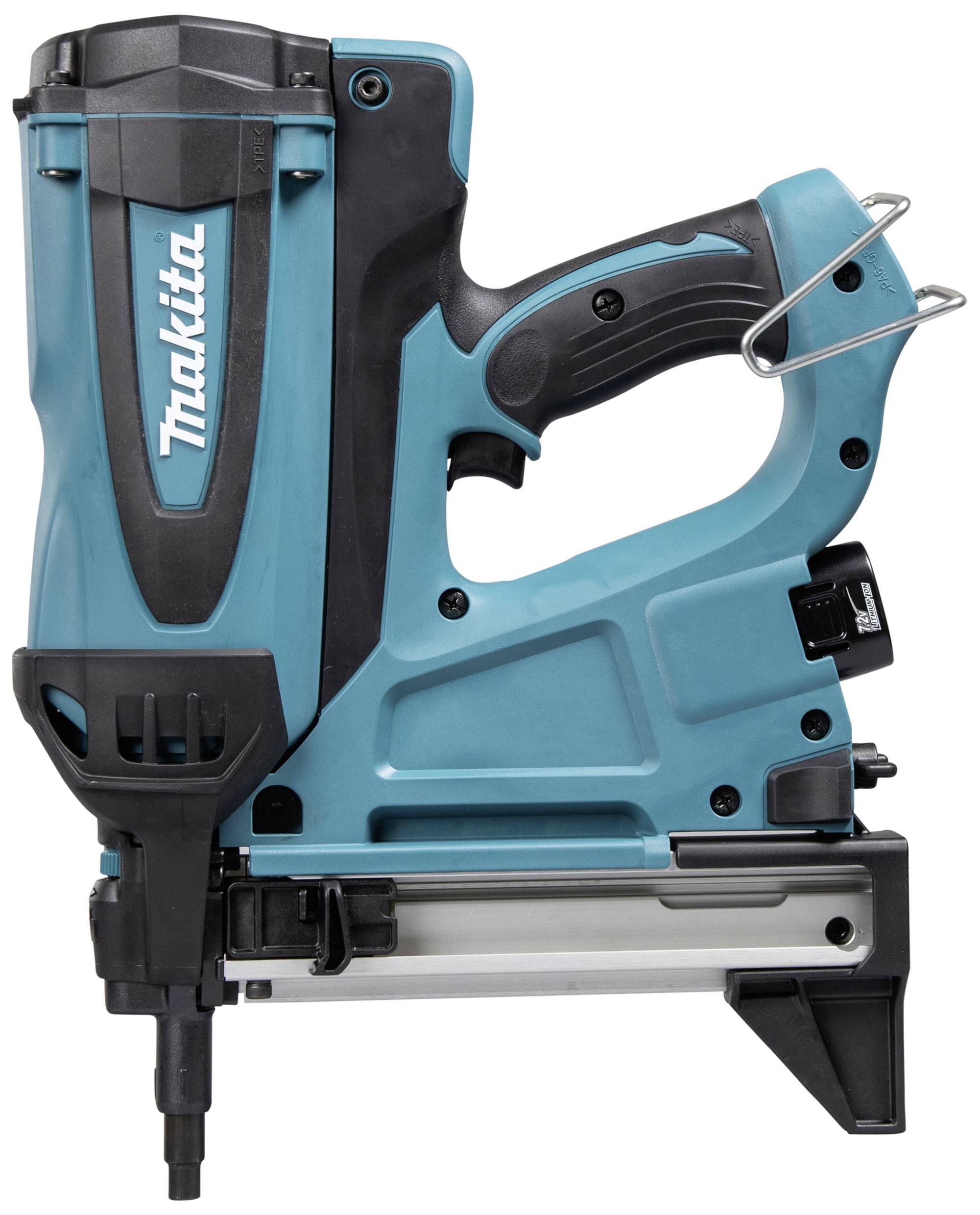 En blå-svart spik med ergonomiskt handtag, utrustad med ett metallspänne för enkel fastsättning eller förvaring.