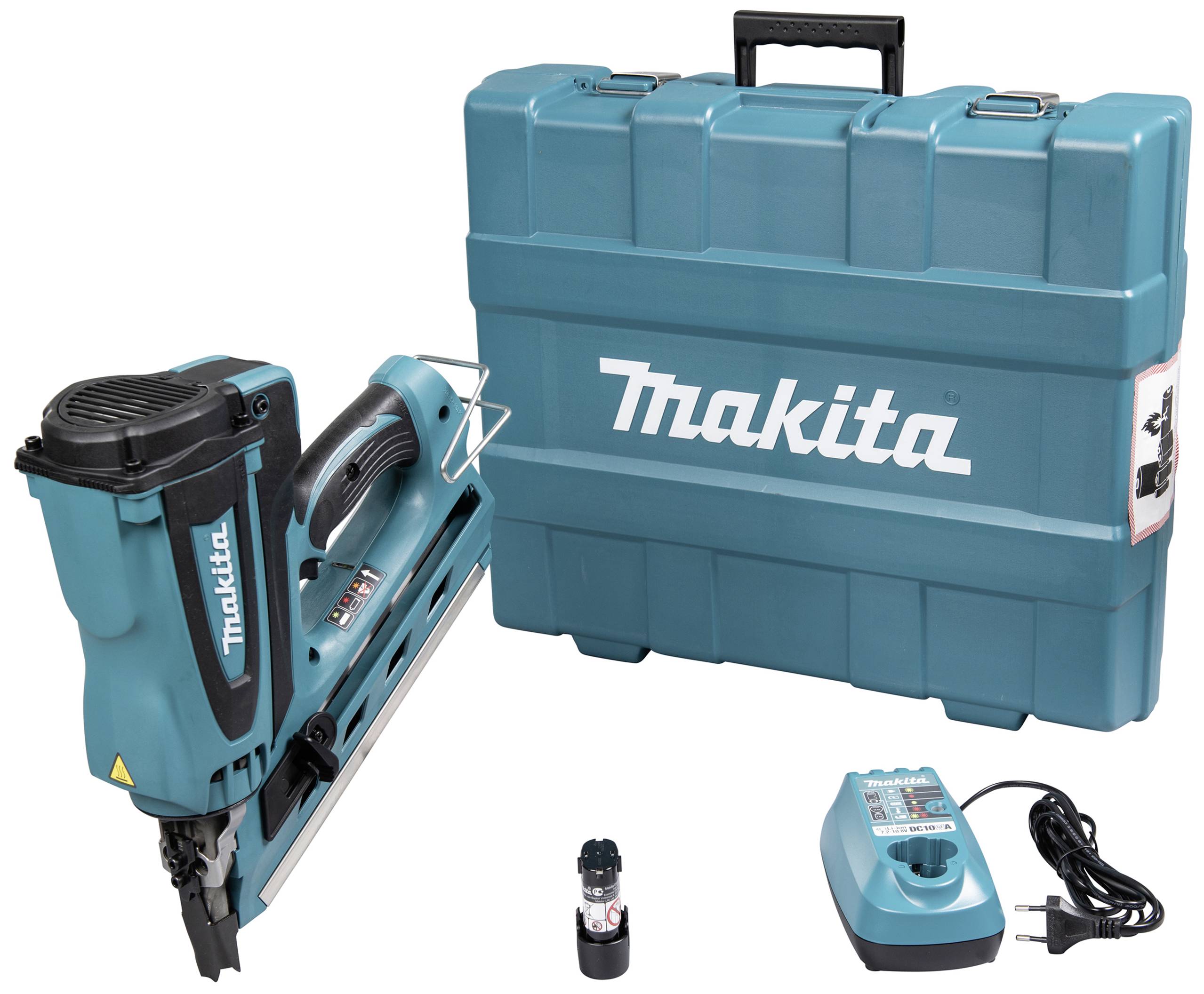 Makita batteridriven spikpistol, inklusive transportväska, laddare och batteri. Perfekt för bygg- och hantverksarbeten.
