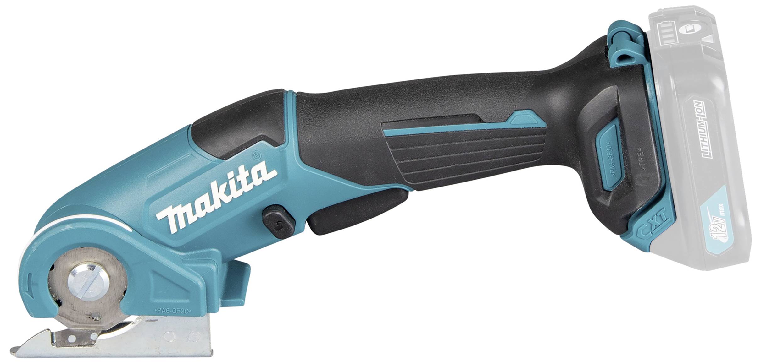 Kompakt, sladdlös Makita-maskin med ergonomiskt handtag och sågblad. Perfekt för precisa, snabba skär i olika material.