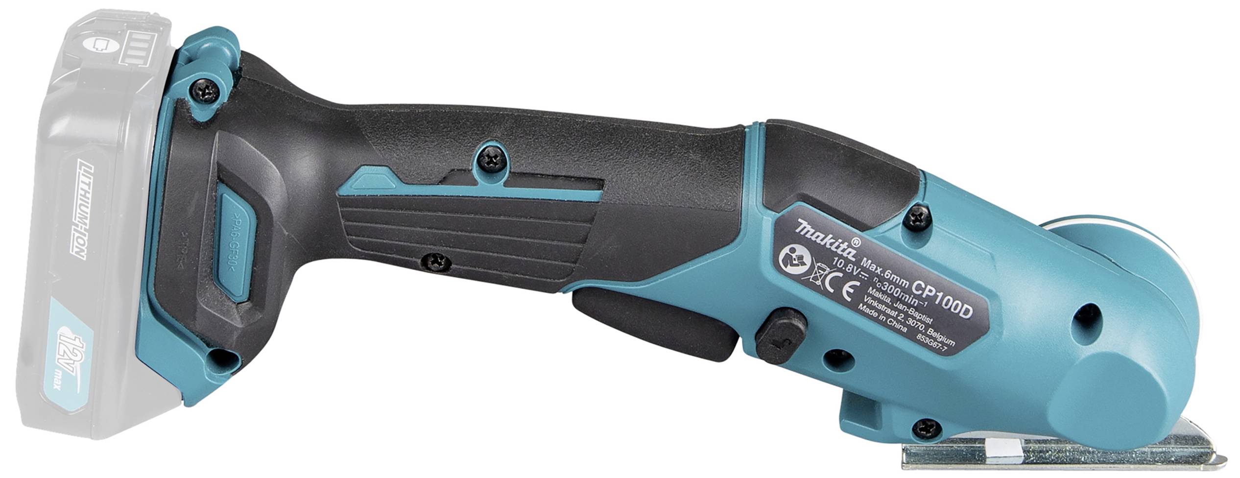 Sladdlös vinkelslip med ergonomiskt handtag och blå-svart hölje. Batteri integrerat, lämplig för mångsidig kapning.